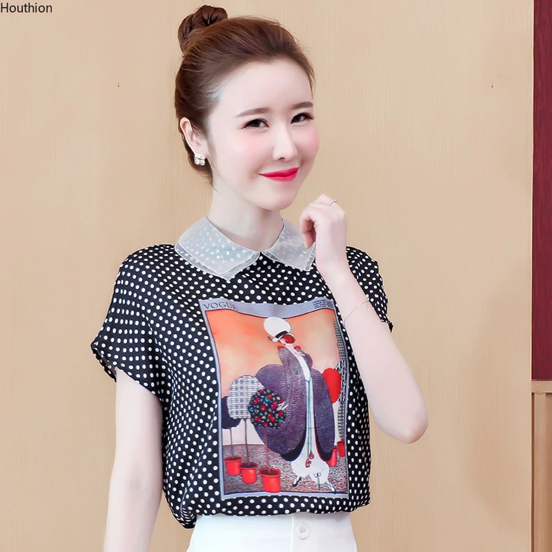 

Women's Blouse Short Sleeve Tops Fashion Doll Collar Shirt Cartoon Dot Print Chiffon Top Casual Shirts Summer New Blusas 10118