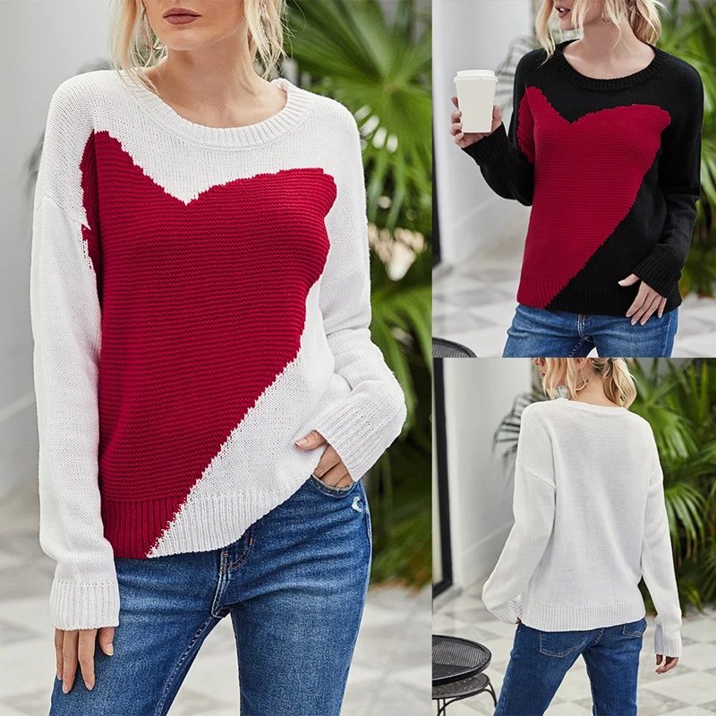 

Autumn Winter Long-Sleeved Solid Color Round Neck Sweater Heart-Shaped Ladies Knitted Base Sweater
