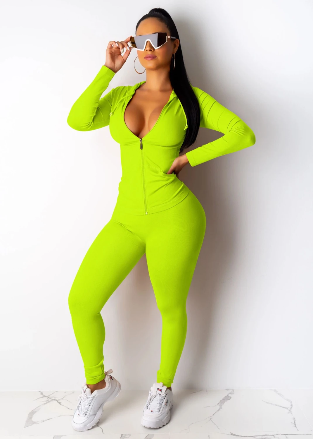 Neon Green B Куртки с капюшоном, комплект из 2 предметов, женская одежда на осень и зиму, топ и спортивные штаны, спортивный костюм, комплект из двух предметов, комплект одежды - Цвет: Neon Green B