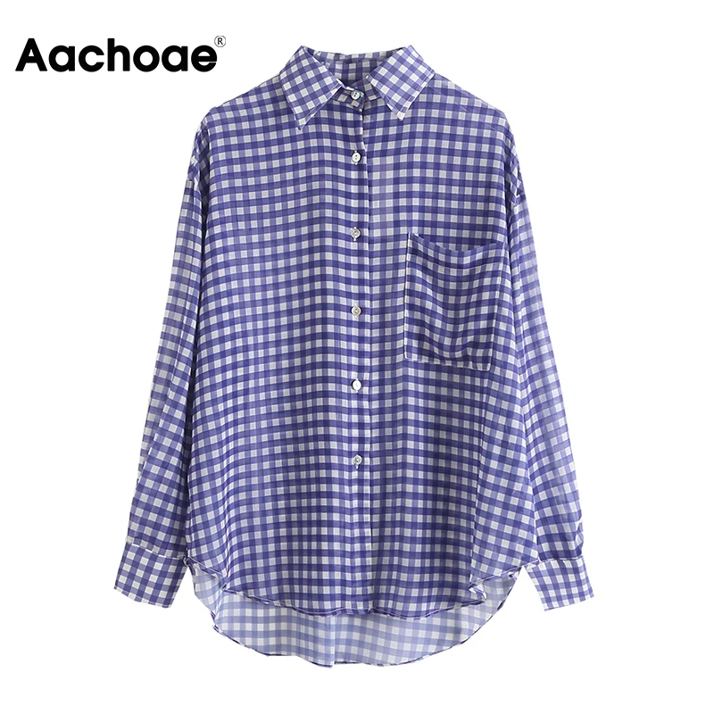 

Блузка женская клетчатая с отложным воротником, длинным рукавом и карманами