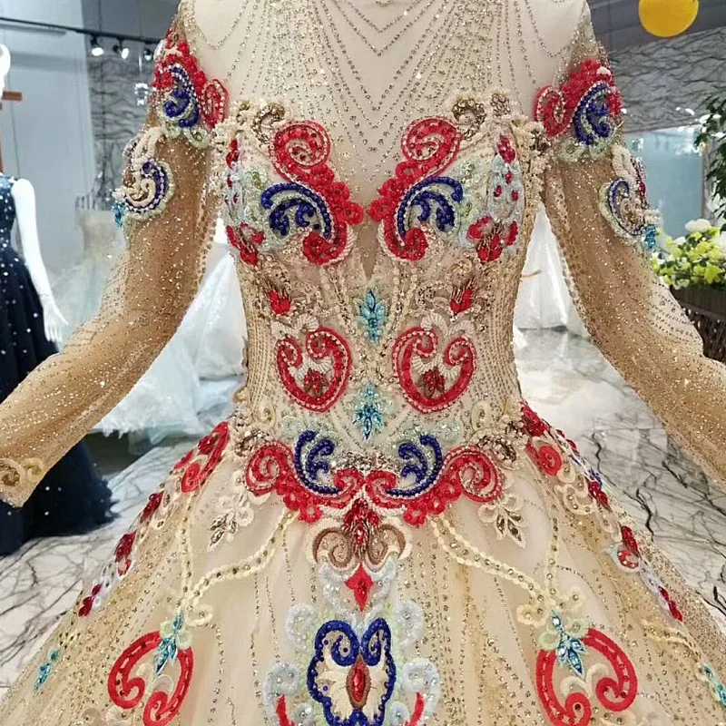 Блестящие вечерние платья LS657445 из Дубая с блестками длинными рукавами и круглым