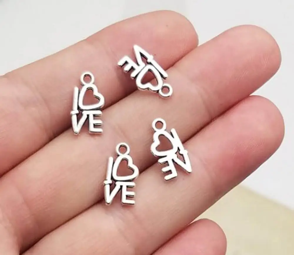 50 шт./лот-7x14 мм посеребренные подвески в античном стиле с надписью Love, подвески в форме сердца для рукоделия, фурнитура для изготовления ювелирных изделий, аксессуары