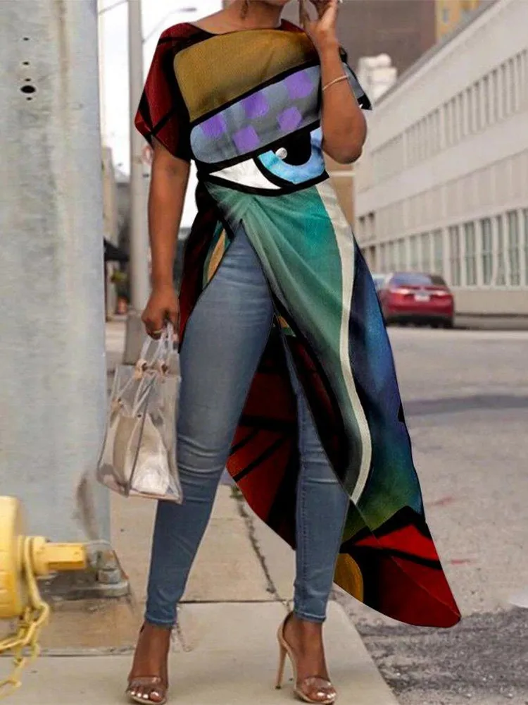 Разноцветная Асимметричная абстрактная Праздничная футболка с круглым вырезом