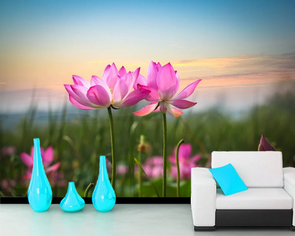 

Papel de parede ,Sunset lotus flowers nature landscape 3d wallpaper,living room bedroom wall papers home decor kitchen mural