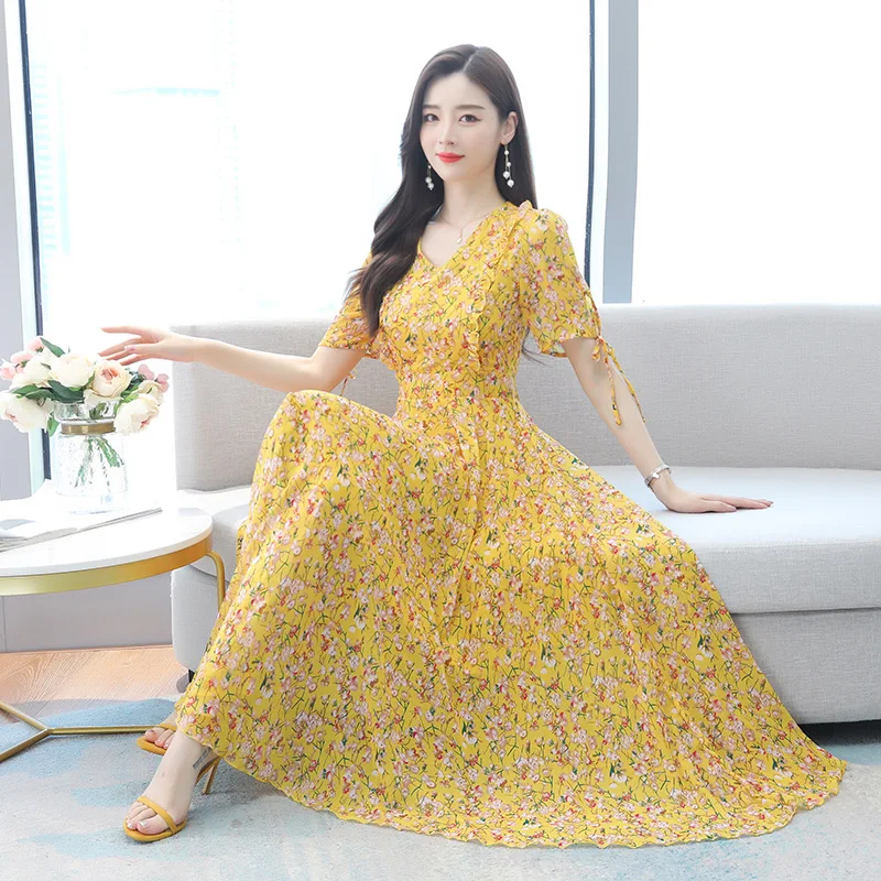 

French dress 2021 new summer women's Korean version of large size autumn red chiffon floral dress