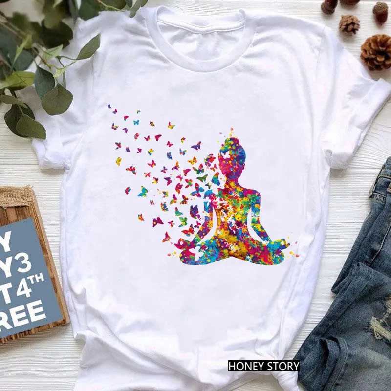 

Watercolor Breathe Chakra Symbols Yoga Print Tshirt Women Bird Om Aum Jade Buddha Meditation Tie Die T Shirt Femme T-Shirt Tops