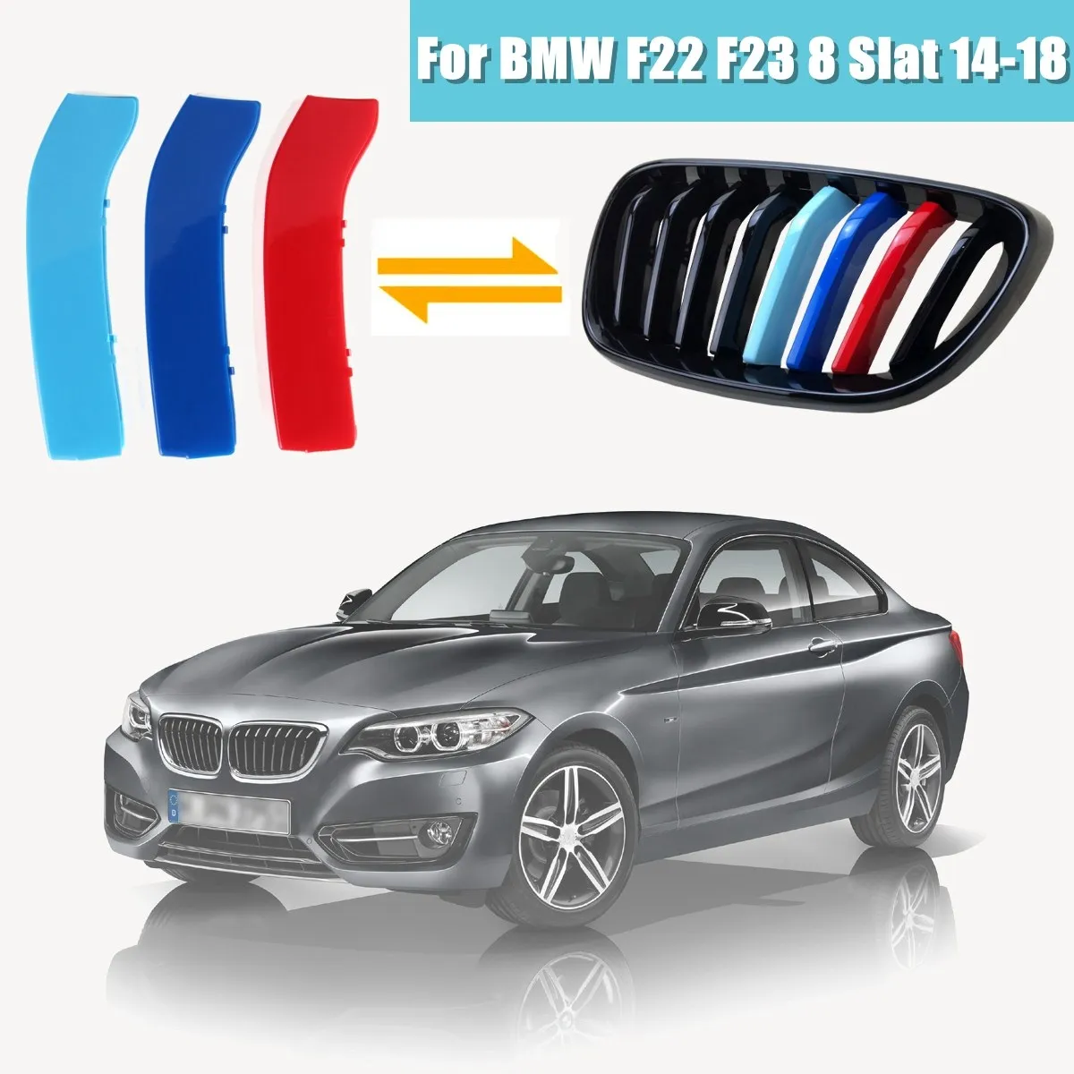 Tricolor Front 8 Slat Grille Trim Strips Cover Decoration ABS Clip For BMW 2 Series F22 F23