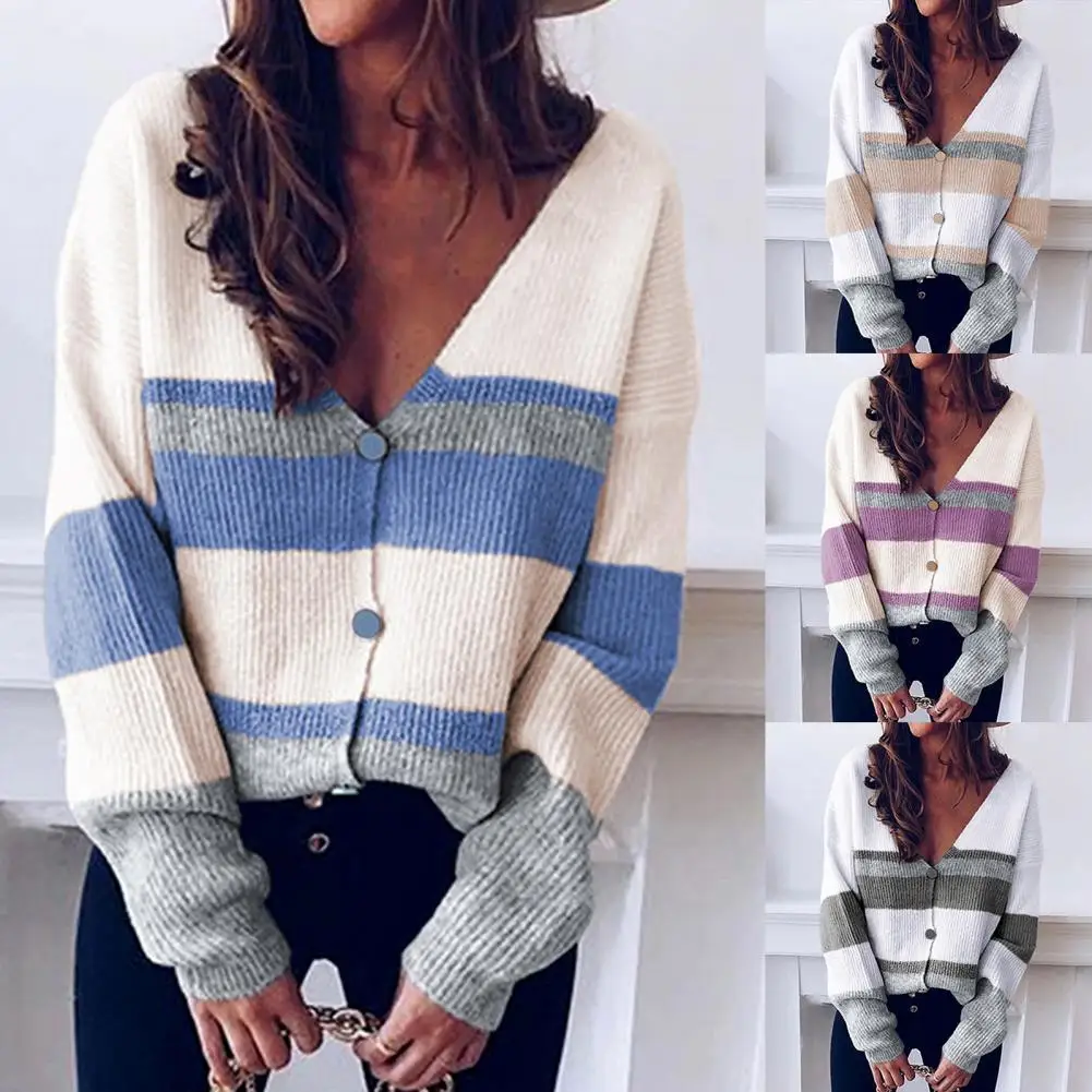 

Женский однобортный свитер в полоску, свободный трикотажный кардиган в стиле Харадзюку С V-образным вырезом, уличная одежда на осень и зиму