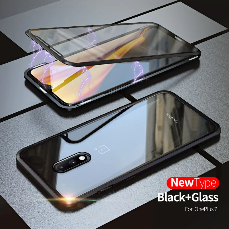 Black OnePlus 7 Роскошный магнитный металлический чехол для Oneplus 7 Pro, переднее стекло, двойное стекло, защита экрана OnePlus7pro Oneplus7 360, полное покрытие - Цвет: Black OnePlus 7