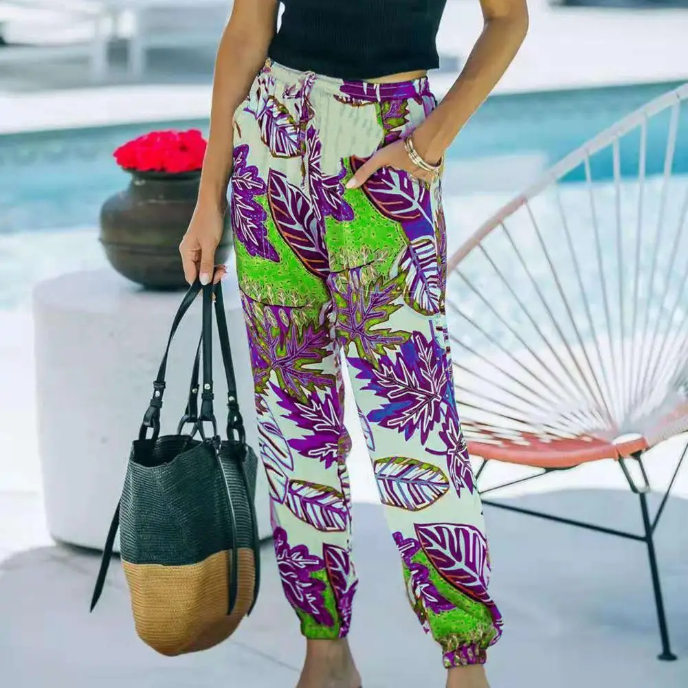 

2021 Women Tropical Leaves Print Ruffles Ankle Length Harem Pants Female Chic Elastic Waist Pockets Casual Trousers