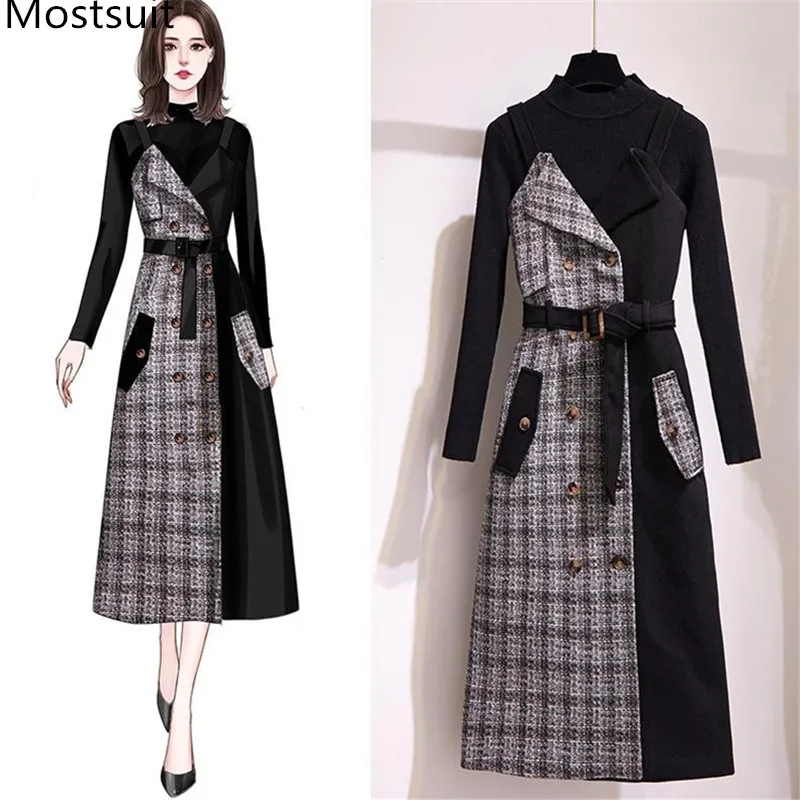 Женский офисный комплект из 2 предметов черный свитер и платье в клетку с