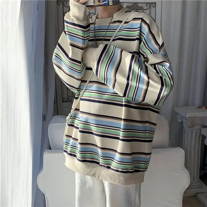 

Fonekie Striped Pullover Mens Crewneck Sweatshirt Ins Student Loose Long-sleeved T Shirt 2021 Autumn Wild Hoodless Jacket Men