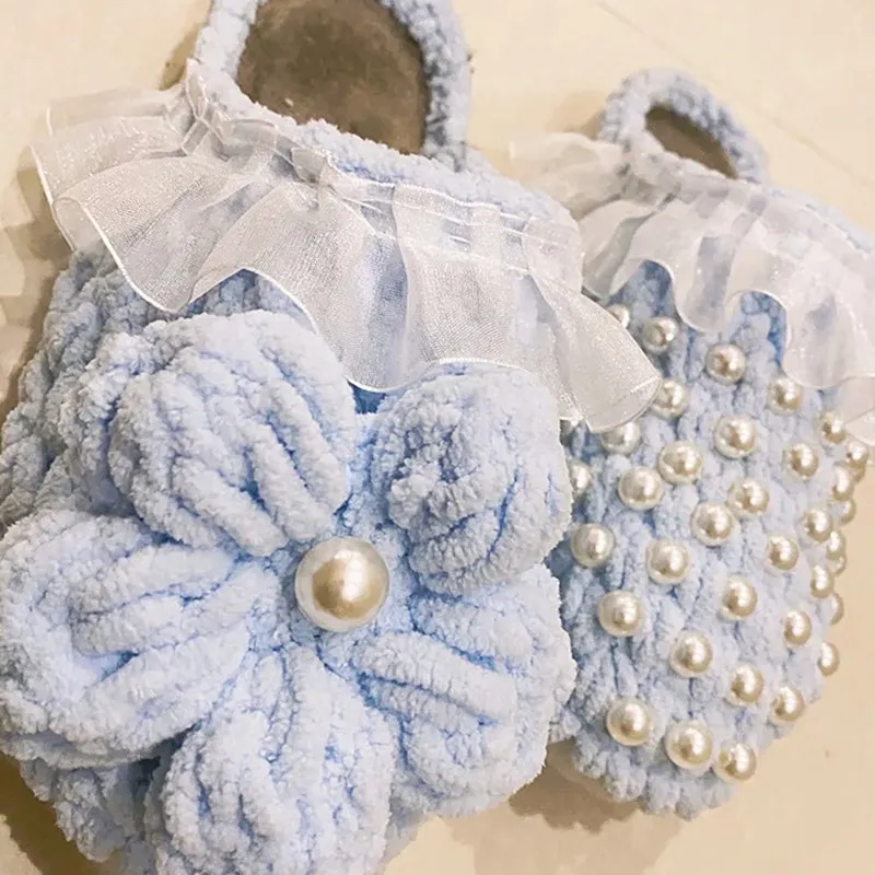 

Ins Puff Flower DIY Slippers Fashion Fake Pearl Thread Crochet Material Package Lace Flat Woven Ladies Leisure Indoor Slippers