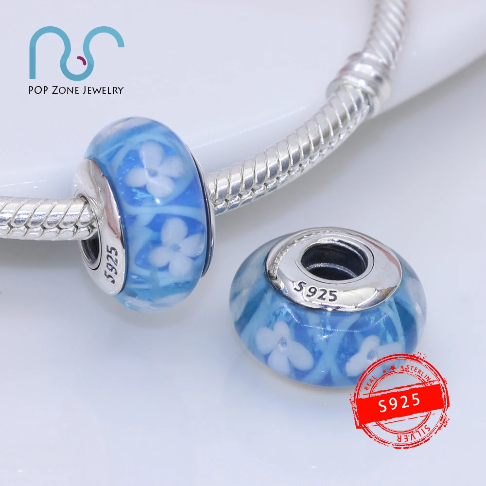 

Fit Original Pandora Charm Bracelets Blue Flowers Glass Charm 925 Sterling Silver Fine Beads DIY New Jewelry