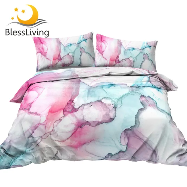BlessLiving Alcohol Ink Bedding Set Marble Style Quilt Cover 3 Piece Blue Pink Comforter Cover Watercolor Abstract Home Textiles 1