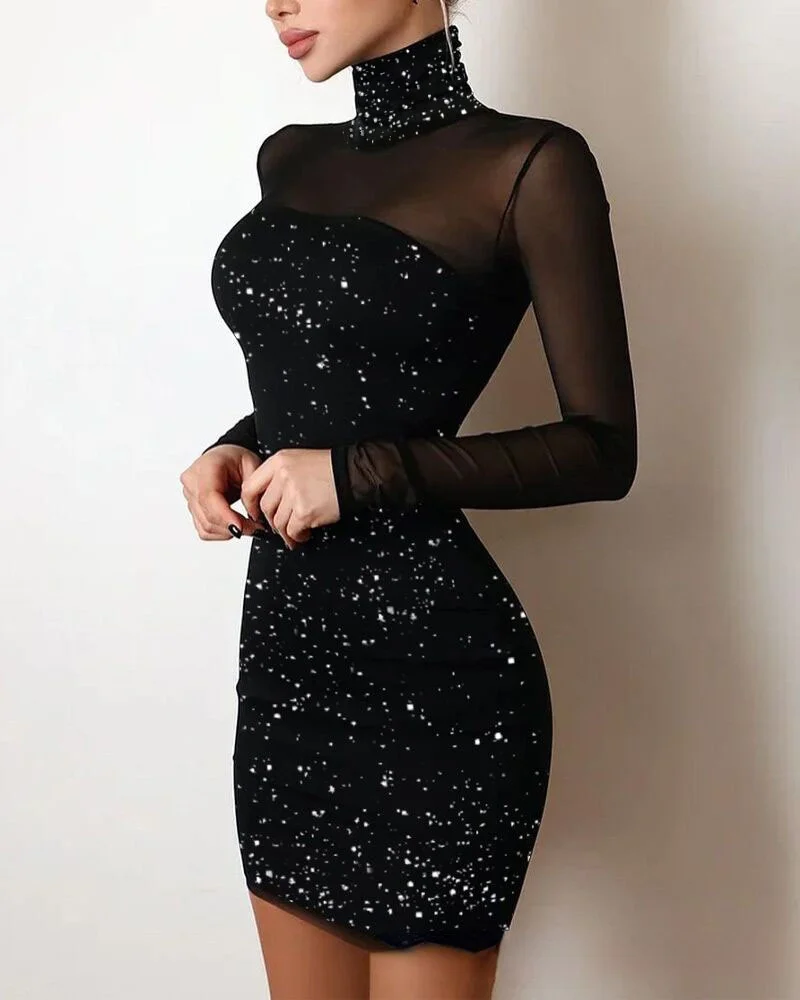 

Women's sexy transparent mesh Sequin Hip Wrap Dress temperament goddess nightclub style slim figure miniskirt