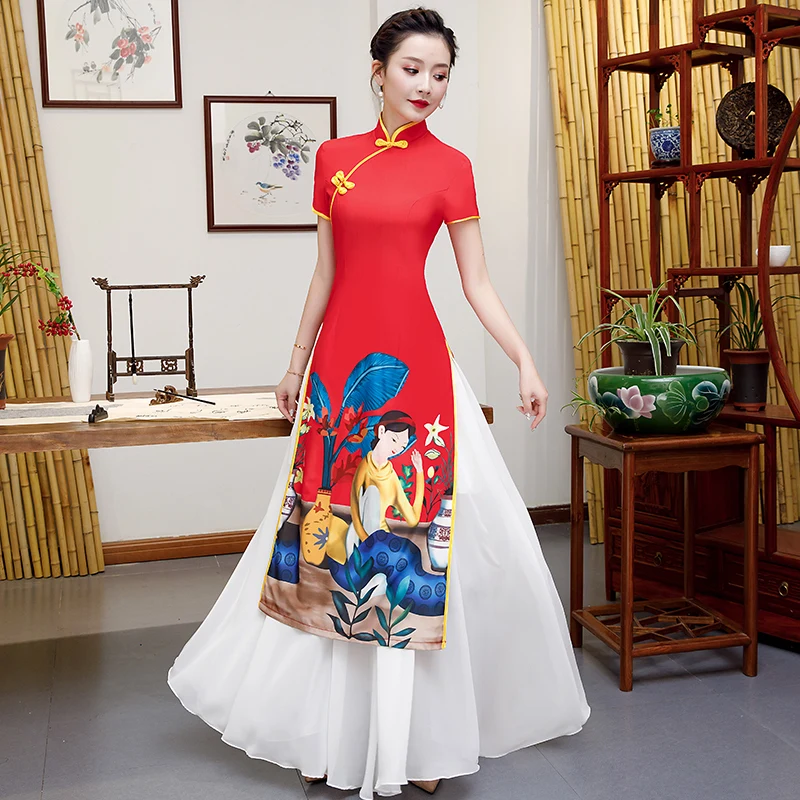 

Cheongsam Bride Red AO Dai Evening Party Dress Womens Floor-Length Elegant Long Qipao Wedding Gown chinese dress qipao