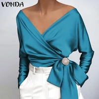 vonda 2021 women fashion blouse elegant solid color v neck tops sexy party shirts spring long sleeve blouse blusas femininas