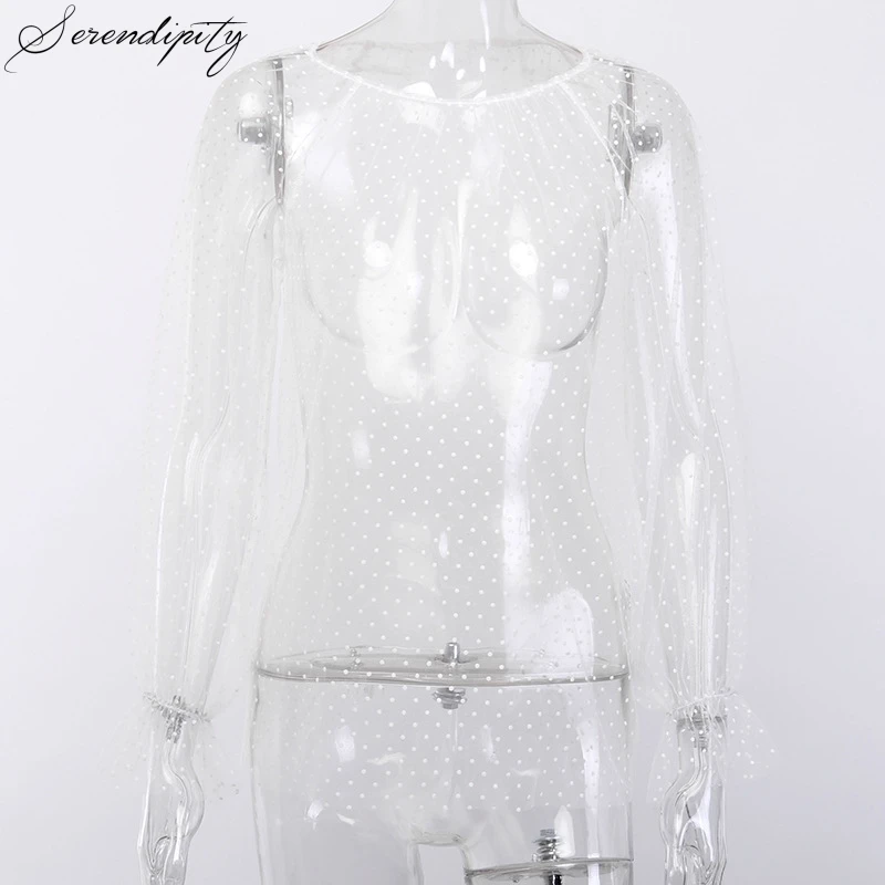 Белая кружевная Прозрачная женская блузка в горошек осенняя Уличная Сексуальная