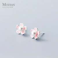 modian charm pink enamel plant silver stud earrings 925 sterling silver pearl jewelry cute hypoallergenic female gift brincos