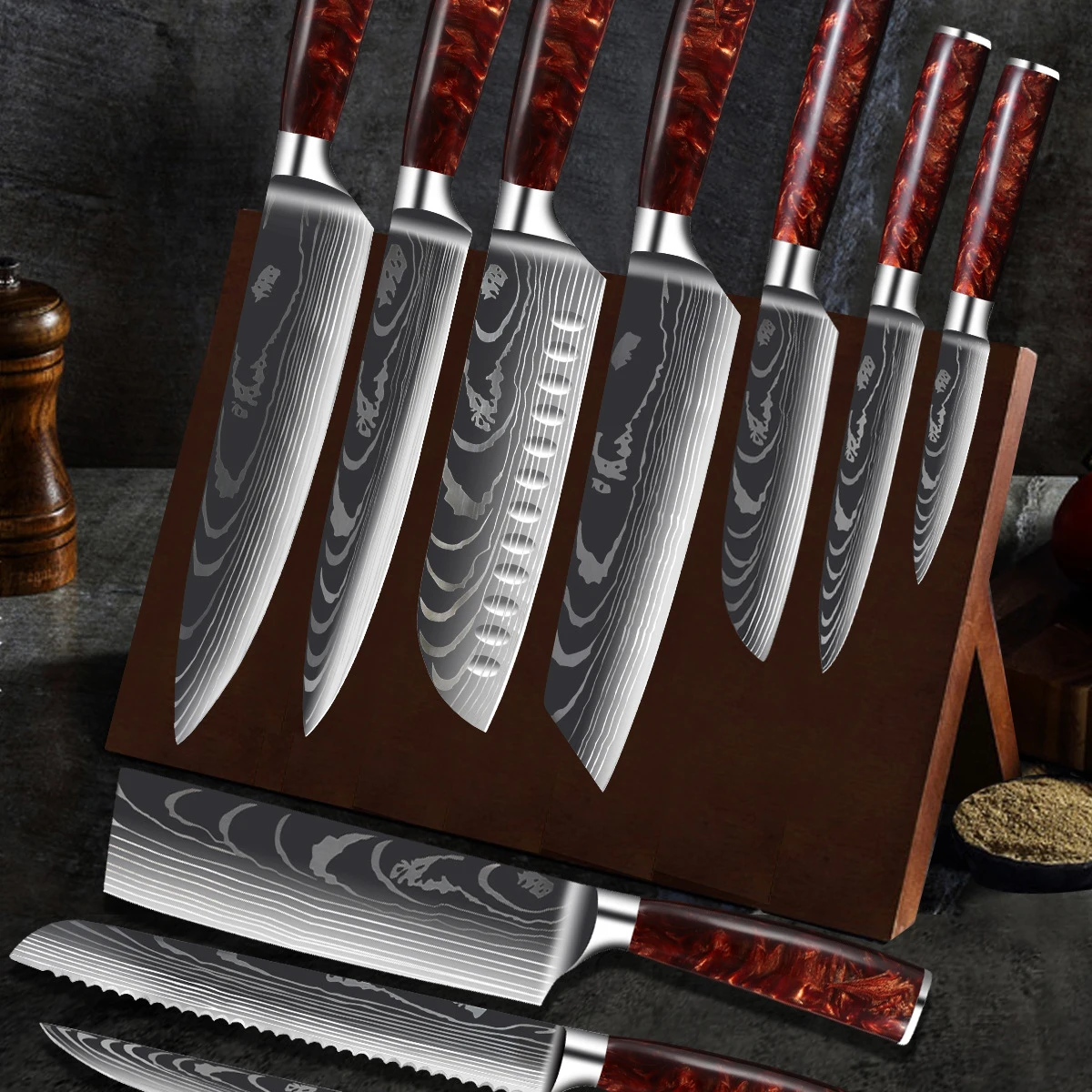 

4 Colors 8pcs Kitchen Knives Set Japanese Damacus Pattern Chef's Knives Set Fruit Cutter Bread Paring Meat Cleaver Boning Knife