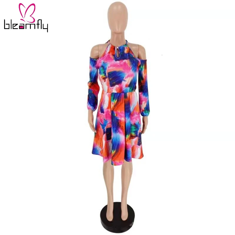 Новинка 2019 женское летнее винтажное платье с вырезами на плечах принтом Tie Dye и