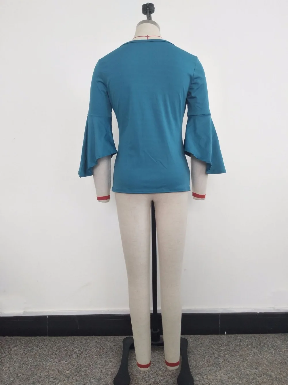 

Autumn Long Flare Sleeve Slim T-shirt Women Black Cyan Blue O Neck Tee Tops Ladies Casual Shirts S-XL