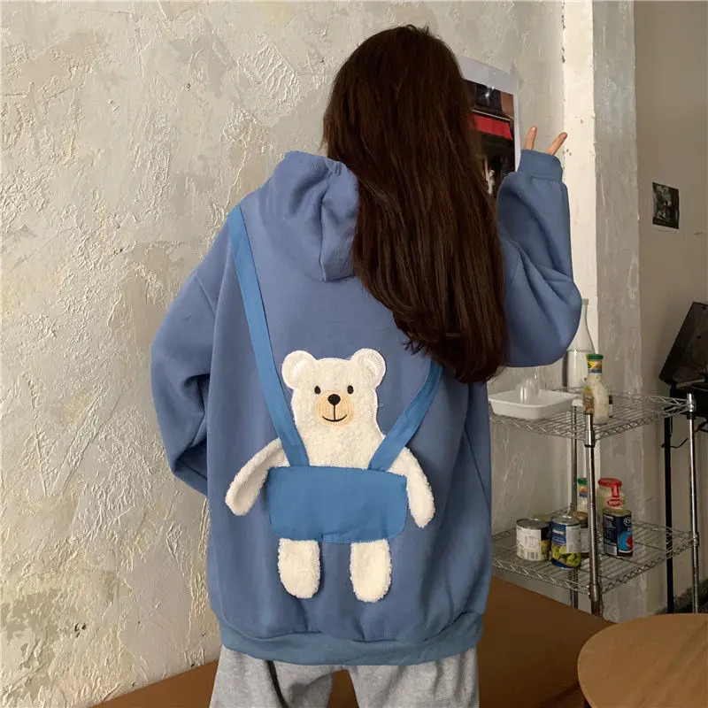 Рисунок с милым медведем толстовка женская японский топ свободного покроя длинными рукавами на осень Хай