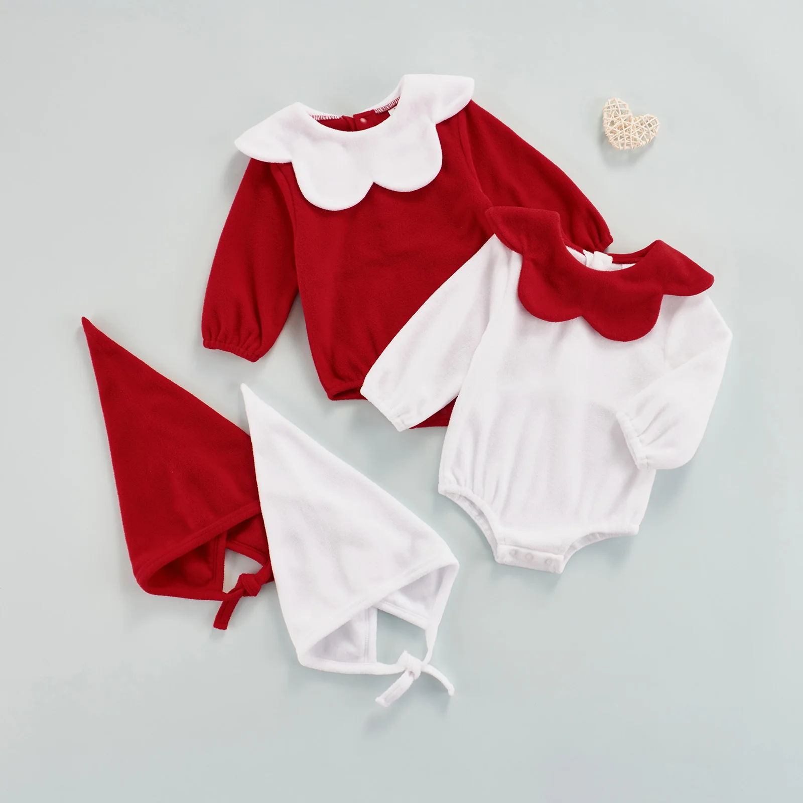 

Newborn Baby Girl Christmas Red and White LongRomper Infant Xmas Bottom Snap Jumpsuit+Santa Hat Set