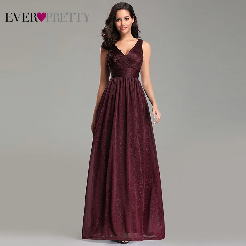 Burgundy Шикарное вечернее женское платье Ever Pretty с v-образным вырезом А-силуэта без рукавов в пол EZ07764NB блестящее пикантное вечернее платье Robe De Soiree - Цвет: Burgundy