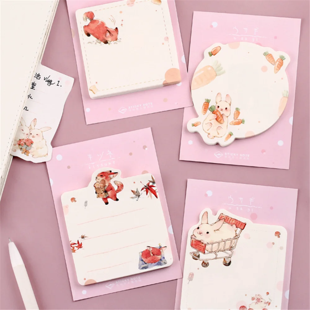 30 листов блокноты для записей с милым кроликом и лисой Мультяшные Липкие заметки