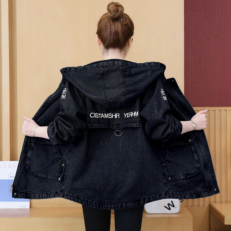 Женская джинсовая куртка с капюшоном и длинным рукавом больших размеров модная