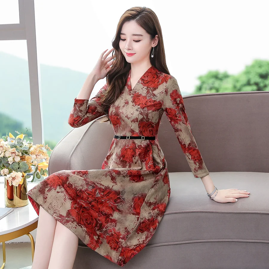 Женское облегающее платье миди винтажное с длинным рукавом и цветочным принтом