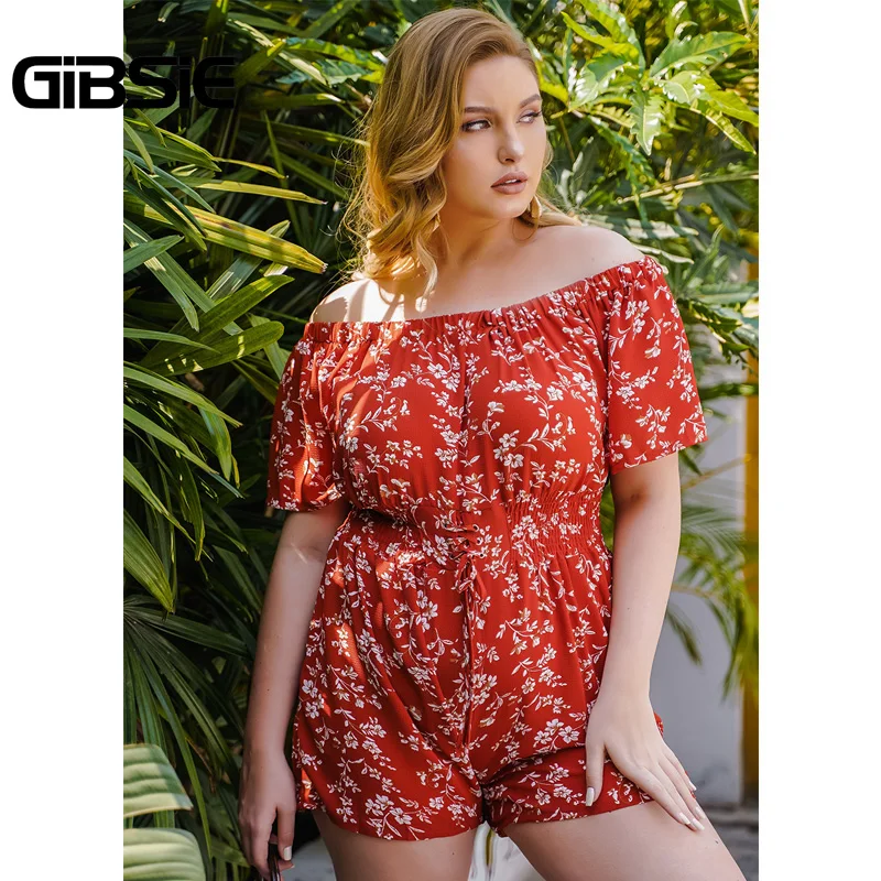 

GIBSIE Plus Size Lace Up High Waist Off Shoulder Romper Women Summer Casual Holiday Floral Print Slash Neck Beach Playsuits