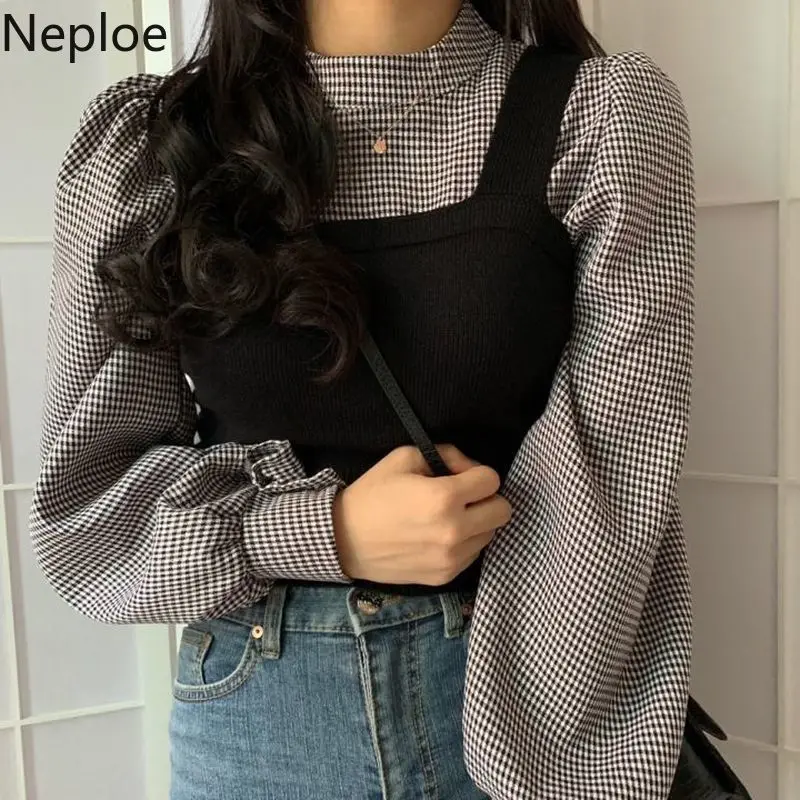 Женская клетчатая блузка с длинным рукавом и воротником стойкой Neploe Трикотажный
