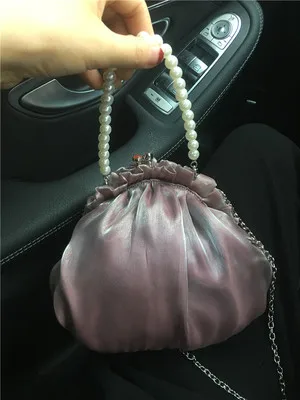 purple С жемчугом и рюшами, зажим для Сумки из натуральной кожи Для женщин Винтаж шикарная цепь газовое кружевное платье мини вечерний клатч, сумка на плечо, для девушек, кошелек для свадьбы, вечеринки, милые - Цвет: purple