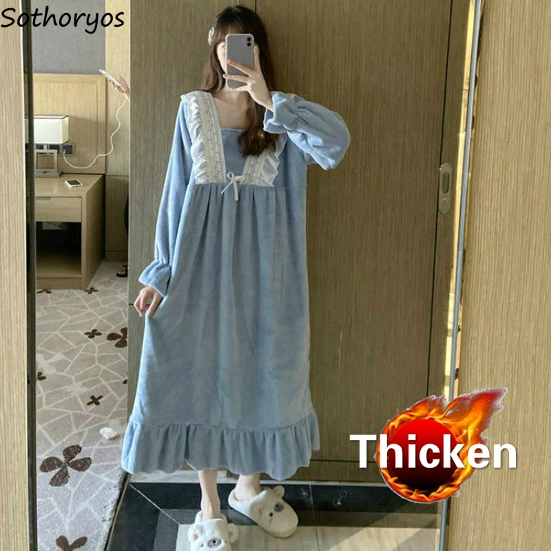 

Women Nightgowns Lace Coral Fleece Long Ruffles Sweet Plus Velvet Thicker Warm Womens Sleepshirts Casual Korean Style Ulzzang