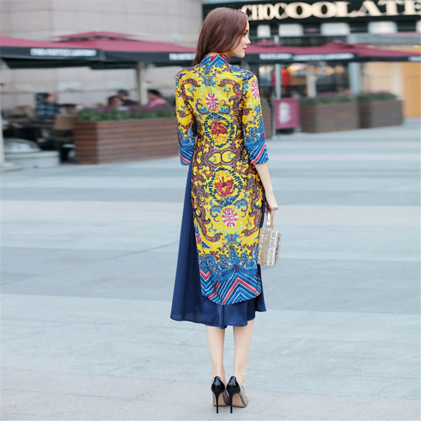 Благородное традиционное вьетнамское элегантное ретро платье Ципао с цветочным