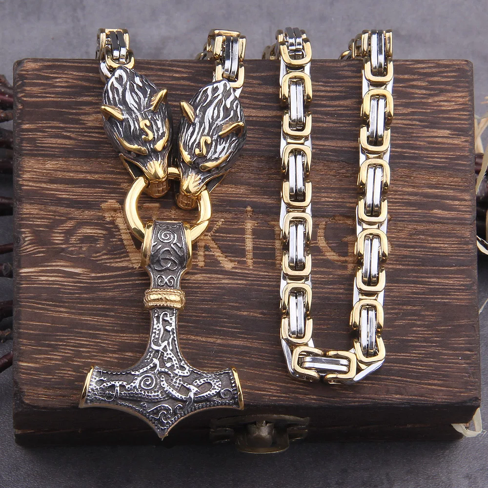 

Never Fade Men stainless steel Wolf head norse viking amulet thor hammer pendant necklace viking king chain