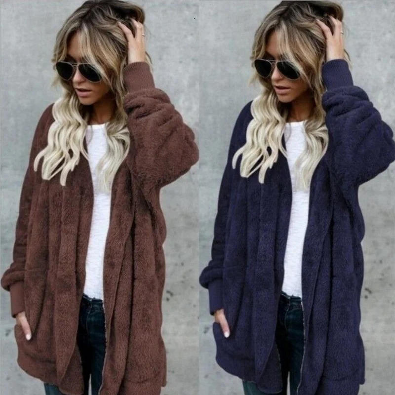 

3XL Women Autumn Warm Soft Zipper Fur Jacket Female Plush Overcoat Pocket Coat 2021 Casual Teddy Hooded Outwear
