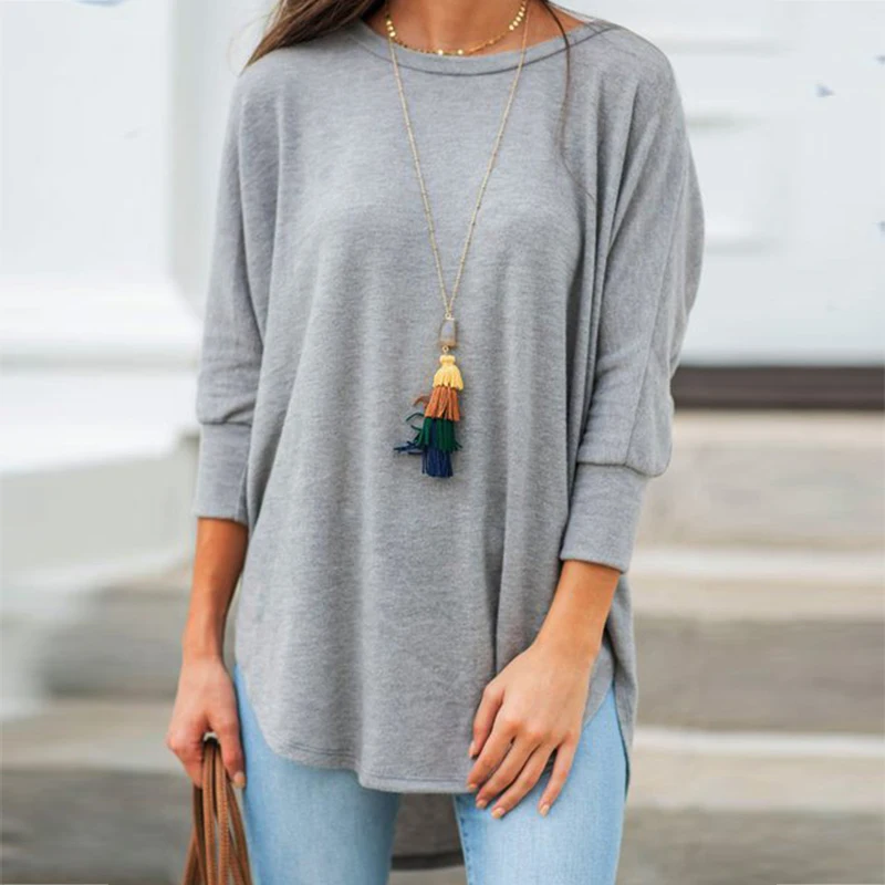 Solid Black Shirt Woman Casual Cotton O Neck Women's Tops And Blouses Three Quarter Sleeve Irregular Women Blouses Tunic Autumn