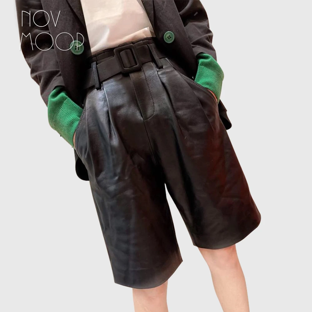 Novmoop women fashion style summer women black sheepskin genuine leather knee-length pants with sashes pantalones LT3038