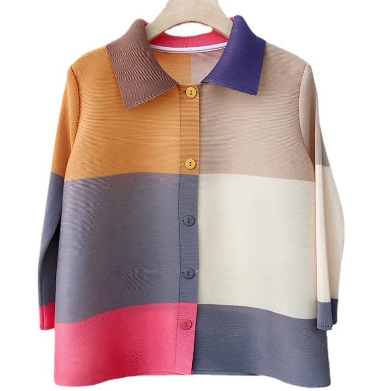 

LANMREM Women Blouses Turn-down Collar Shirts Print Stcting Color Long-sleeve Casual Outerwear Female Top Clothes 2D1228