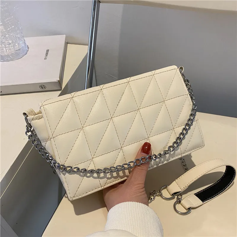 

Quilting Pu Leather Crossbody Bag For Women 2021 Summer Travel Trends Baguette Shoulder Purses And Handbags Chain White