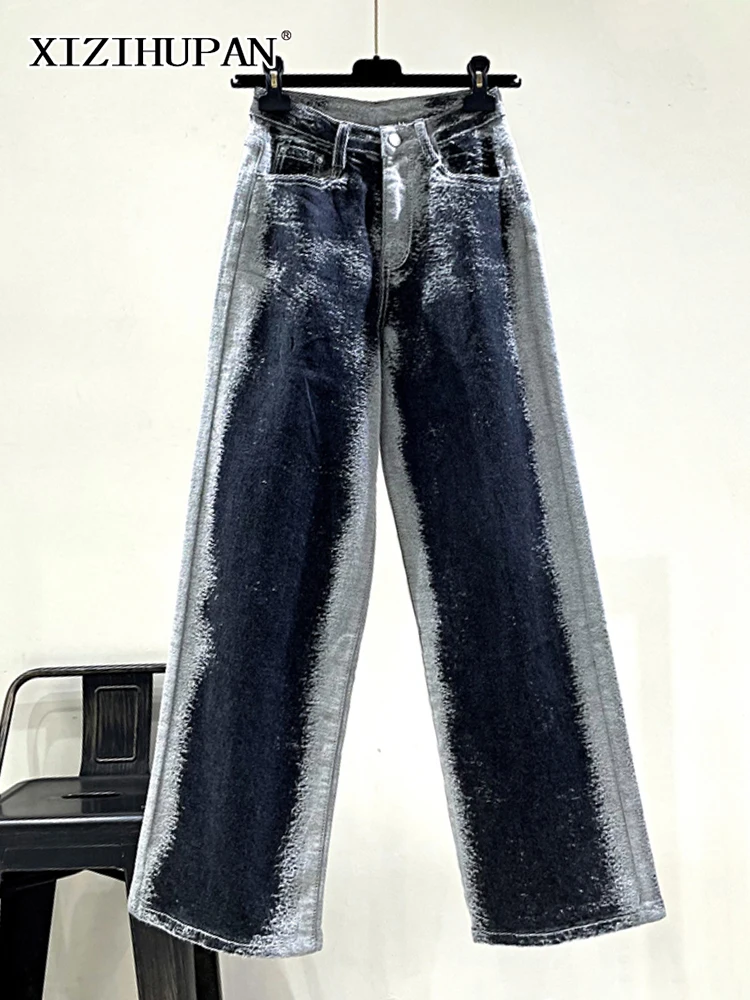 

Прямые Свободные мешковатые джинсы XIZIHUPAN с эффектом омбре для женщин, повседневные длинные джинсовые брюки с высокой талией и широкими штан...