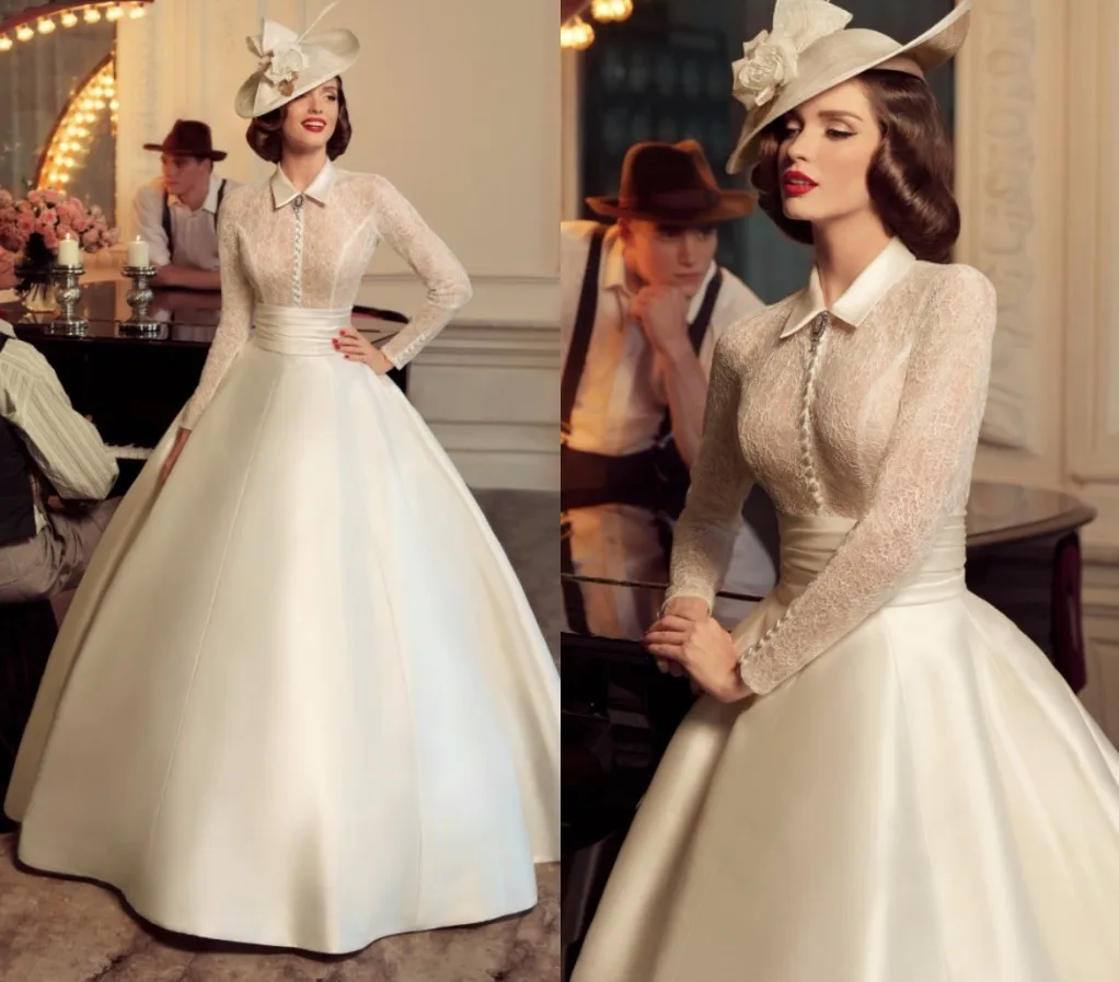 

1930s Vintage High Neck Ball Gown Ivory Wedding Dresses Top Lace Buttons Long Sleeve Bridal Gowns Plus Size Robe De Mariage