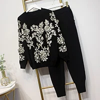 HIGH STREET стильный подиумный костюм набор женский роскошный свитер с вышивкой Набор вязаных штанов - Цвет: Черный