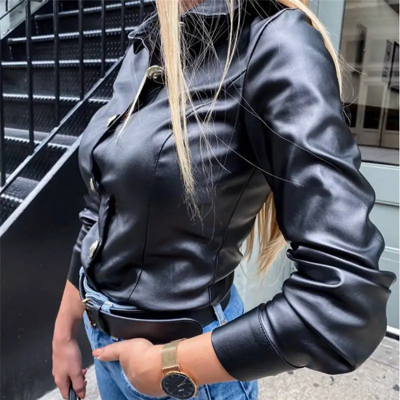 

Womens Faux Leather Long Sleeve Shirts Ladies Wet Look Slim Fit Blouse Tops UK