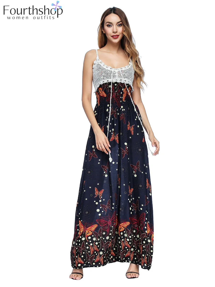 Летнее пляжное платье с длинным цветочным принтом кружевное Открытое без