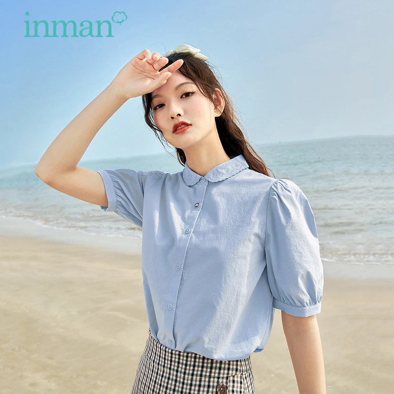 INMAN Summer Basic Tops Nature Sweet Mori Girl Cloud Graphic Button Elegant Flower Embroidery Collar Short Puff Sleeve Blouse